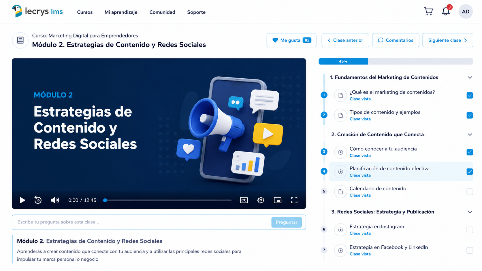 Vista de curso en escritorio